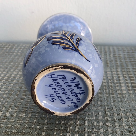 Vintage Cobalt Blue, Gold Floral Hand Painted Porcelain Bud Vase Holland 4.25” H - Picture 8 of 9